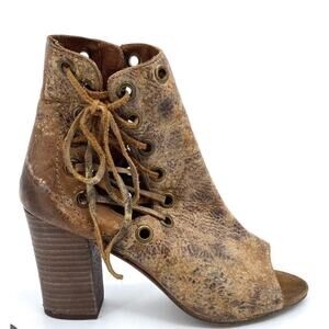 Diba True Ivy Vine Bootie Leather Open Toe Lace Up Boots 6 Distressed Brown
